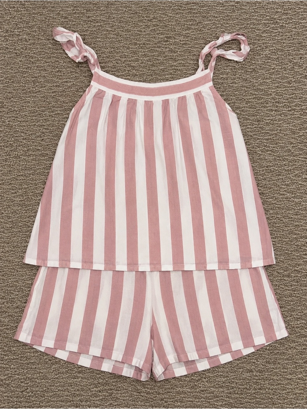 Sincerly Jules Pink & White Stripe Womenโs 2 piece Set - Tie Strap Tank & Shorts
